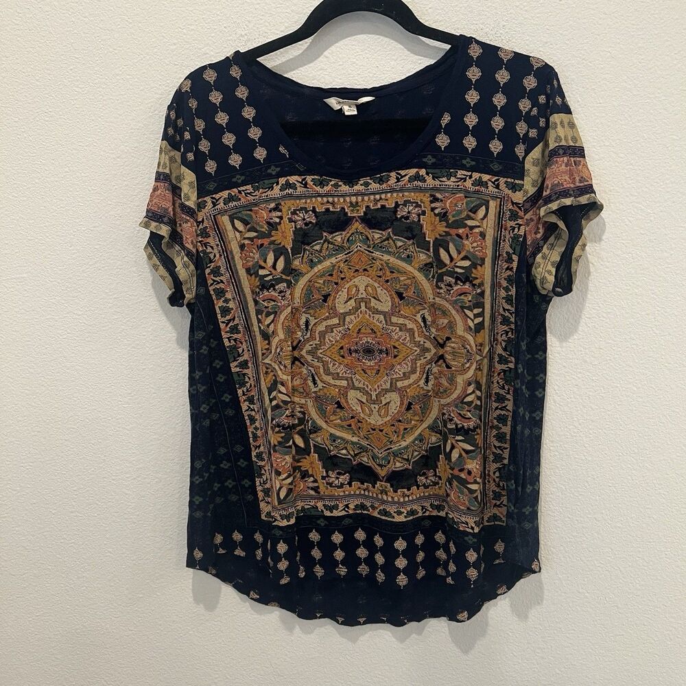 Lucky Brand Womens XL Scoopneck Top Short Sleeve Persian Rug Print Boho Hippie